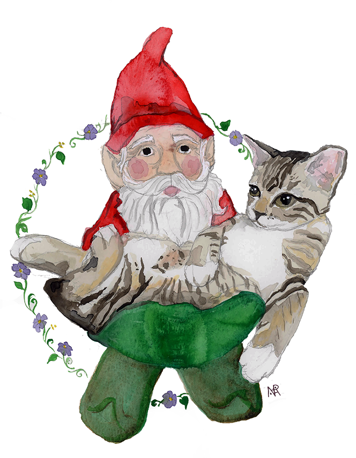 A painting of a grey tabby kitten, lying in the basket of a garden gnome.