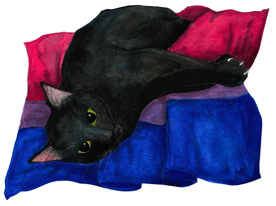 A black cat luxuriously cuddling with a bi pride flag, one set of claws extended to make lil gay biscuits.
